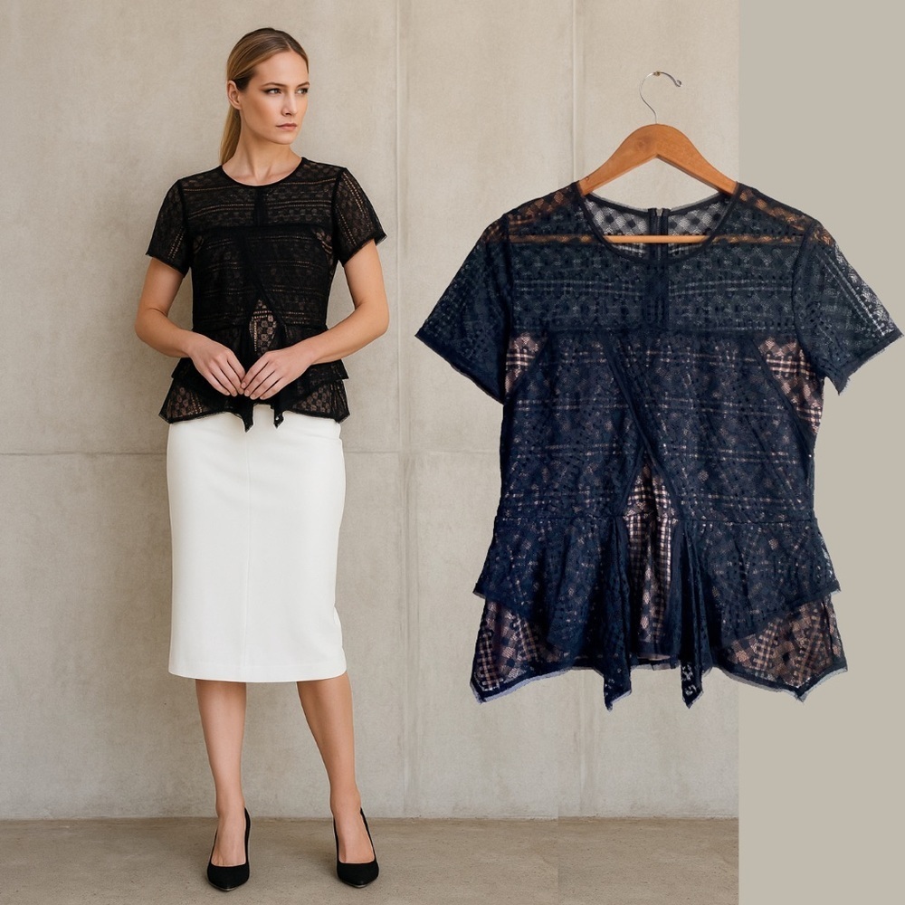 BCBGMaxAzria Black Lace Blouse Top Peplum Fringe Formal Romantic Career Events L